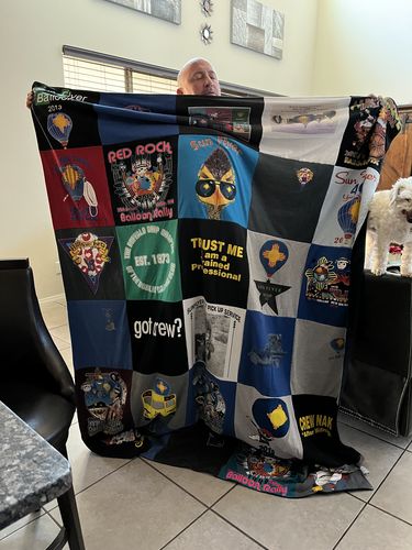 T-shirt quilt with hot air ballooning, outdoor activities themes by Robert from NM