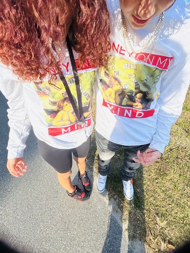 Customer photo review of Money On My Mind Long Sleeve Tee (Very Berry Logo)