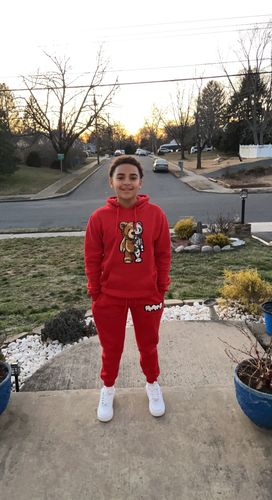 Customer photo review of Kids Teddy Robot Raw Drip White Chenille Hoodie and Jogger Set