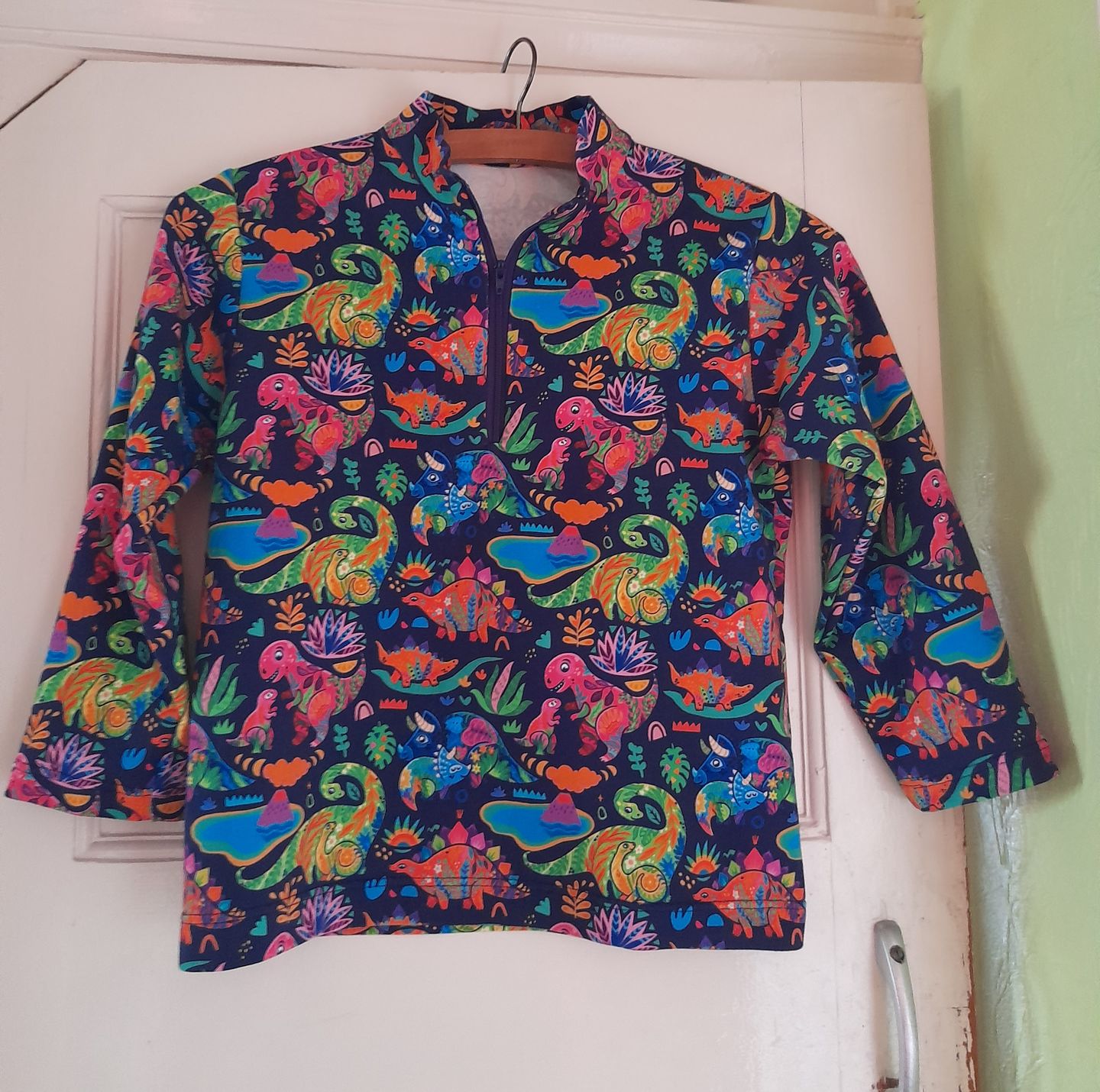 Customer photo review of Multicoloured Dinosaurs on Navy French Terry Fabric