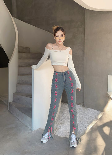 Customer photo review of Y2K Lace Up Jeans