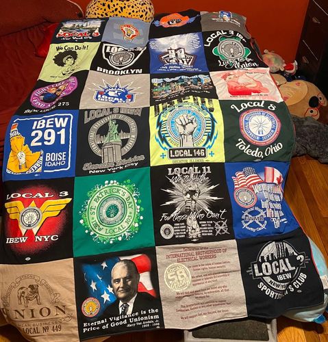 T-shirt quilt with union activism, labor rights themes by Carol from NY