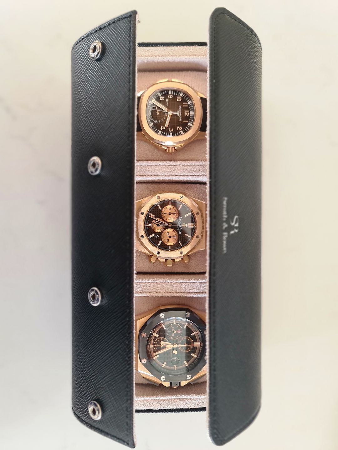 Customer photo review of Luxury leather handmade watch roll for 3 watches