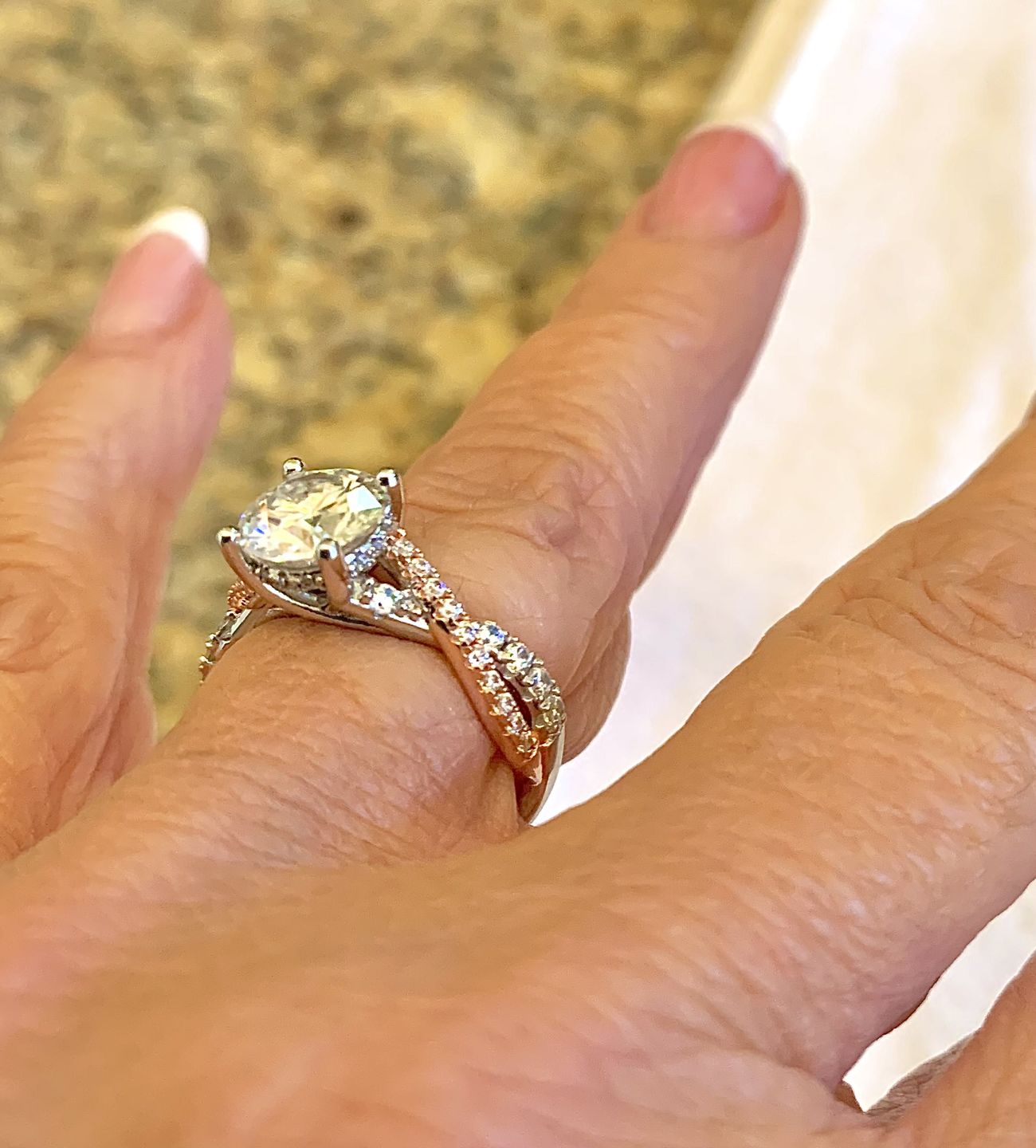 Customer photo review of Rose Gold Two Tone Moissanite Twisted Vine Pave Engagement Ring