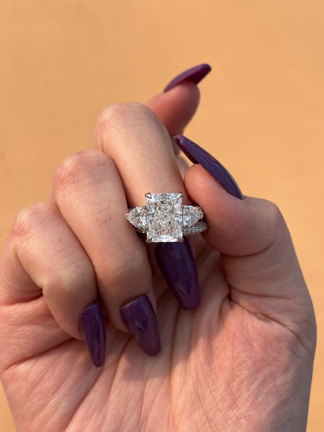 Customer photo review of S925 5.0Ct Radiant Cut & Heart Cut Three Stone Wedding Set In Sterling Silver