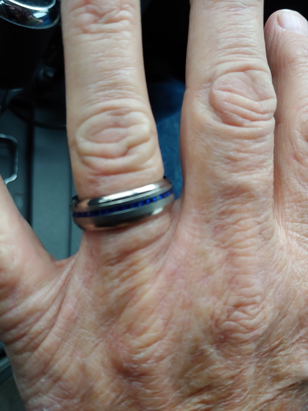 Customer photo review of 8mm - Mens Titanium Wedding Band With Blue Sapphire Titanium Ring