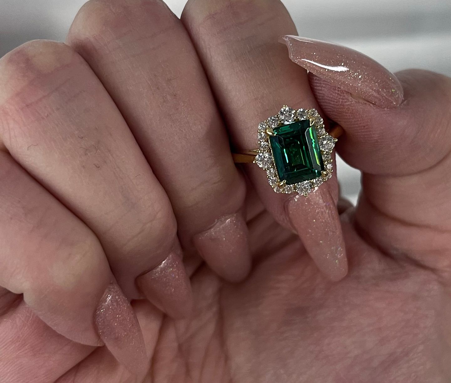 Customer photo review of S925 3.0Ct Emerald Cut Green/Red/Blue Stone Halo Engagement Ring Vintage Ring