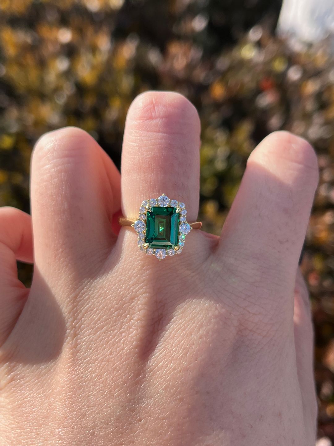 Customer photo review of S925 3.0Ct Emerald Cut Green/Red/Blue Stone Halo Engagement Ring Vintage Ring