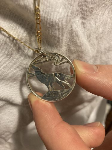 Customer photo review of Wolf with Moon and Clouds, Hand Cut Coin