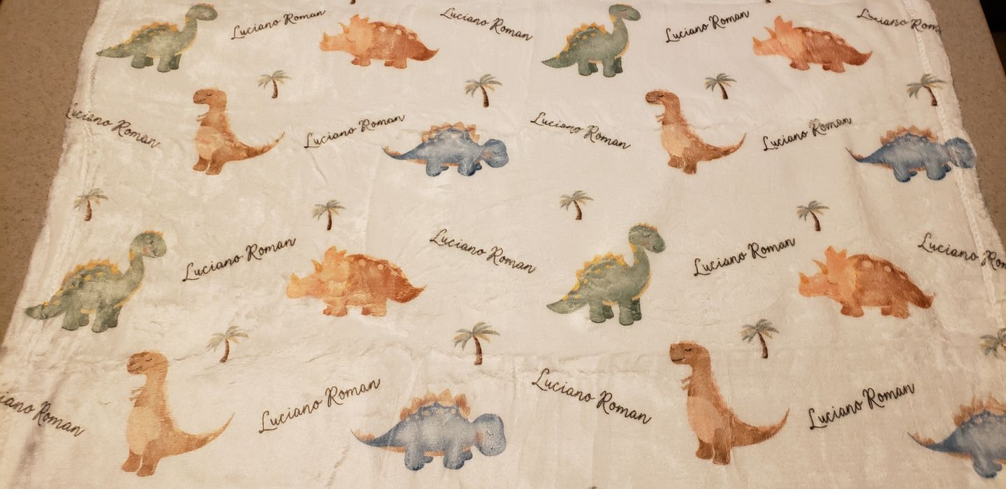 Customer photo review of Sleepy Dinosaurs personalized watercolor baby boy blanket