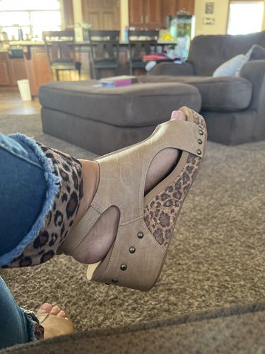 Customer photo review of Corky's Taupe Leopard Carley Sandals