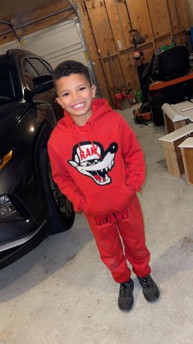 Customer photo review of Kids Survive Chenille Hoodie and RAW Basic Red Jogger Set