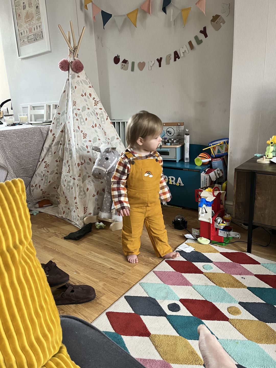 Customer photo review of Embroidered Rainbow Classic Corduroy Dungarees