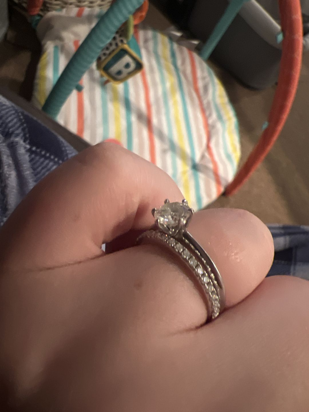 Customer photo review of Moissanite Round Half Eternity Sterling Silver Wedding Band Stackable Ring