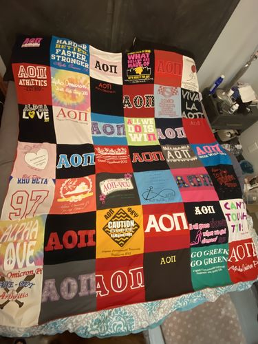 T-shirt quilt with athletics, greek life themes by Micia from FL