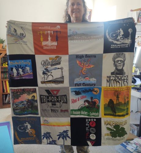 T-shirt quilt with cycling, running themes by Laurie from CA