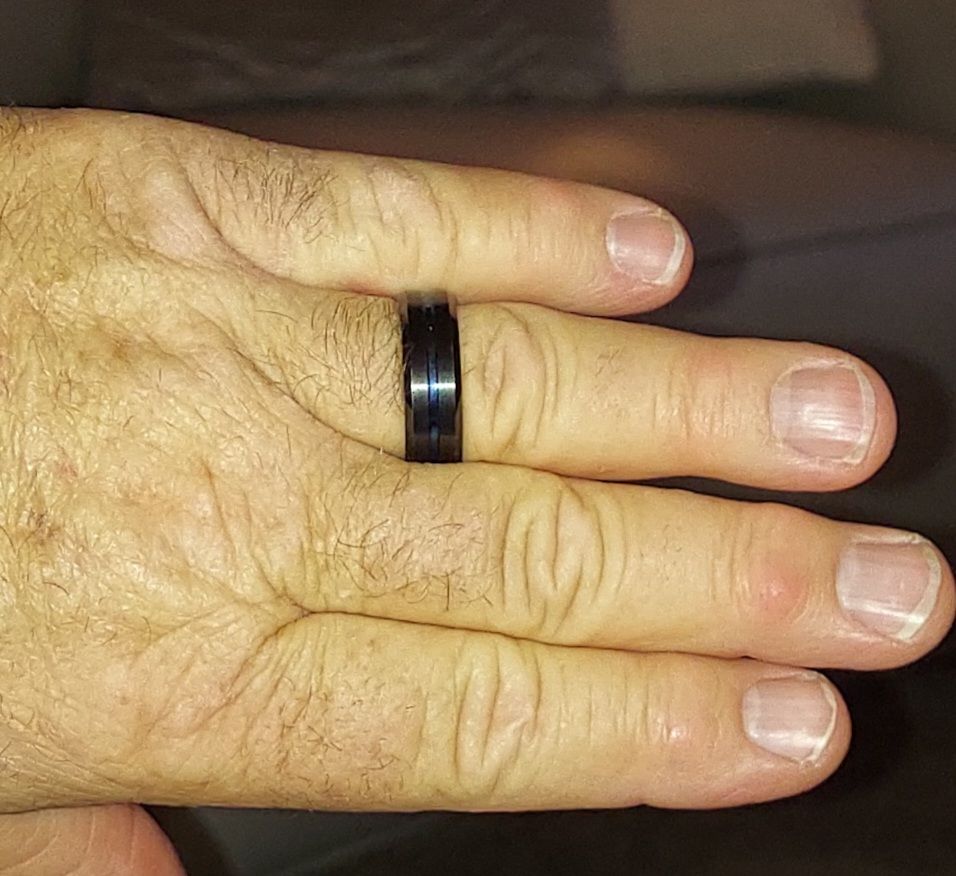 Customer photo review of 8mm - Black & Blue Tungsten Carbide Ring  Grooved Beveled Edges Wedding Band
