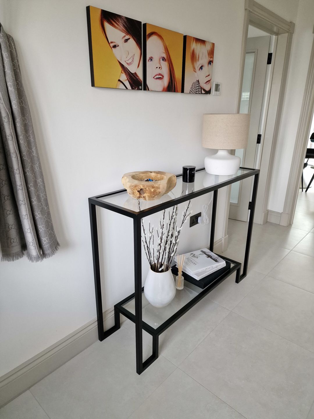 Customer photo review of Glass Metal Console Table Matte Black Frame
