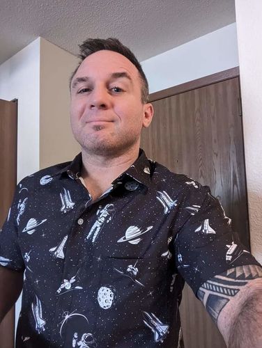 Customer photo review of Ready-to-Ship Size M Space Mission Button Down Shirt with Pocket
