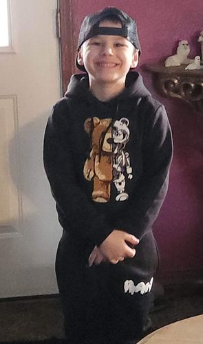 Customer photo review of Kids Teddy Robot Raw Drip White Chenille Hoodie and Jogger Set