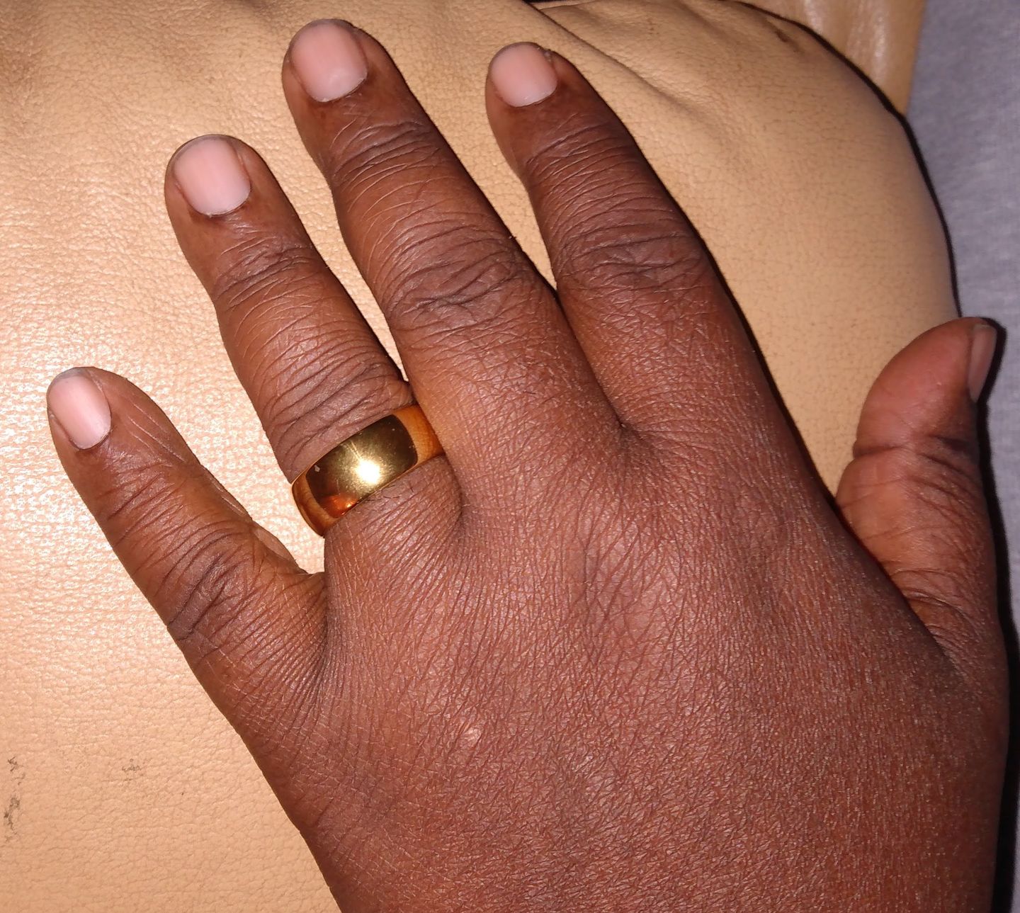 Customer photo review of 9mm - 14k Yellow Gold Tungsten Wedding Band, High Polish Dome Shape, Anniversary Ring