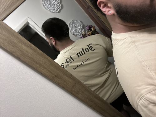Customer photo review of John 19:30 Oversized Tee - Tan