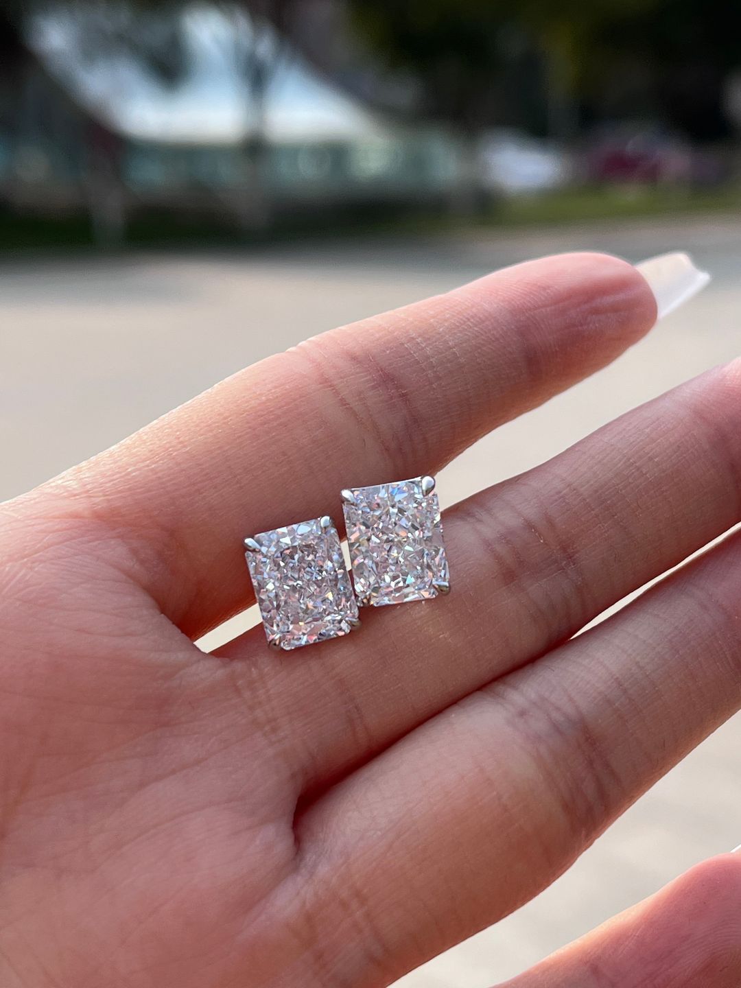 Customer photo review of Louily Classic Radiant Cut Women's Stud Earrings In Sterling Silver