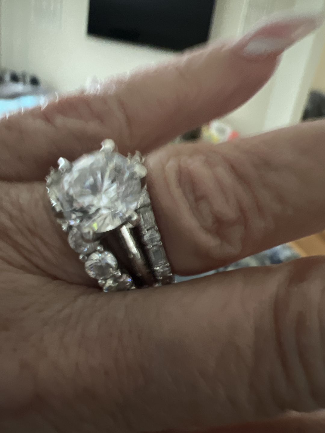 Customer photo review of Alternating Baguette and Round Moissanite Half Eternity Wedding Band