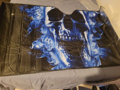 Customer photo review of Blue Flaming Skull Print Car Windshield Sun Shade