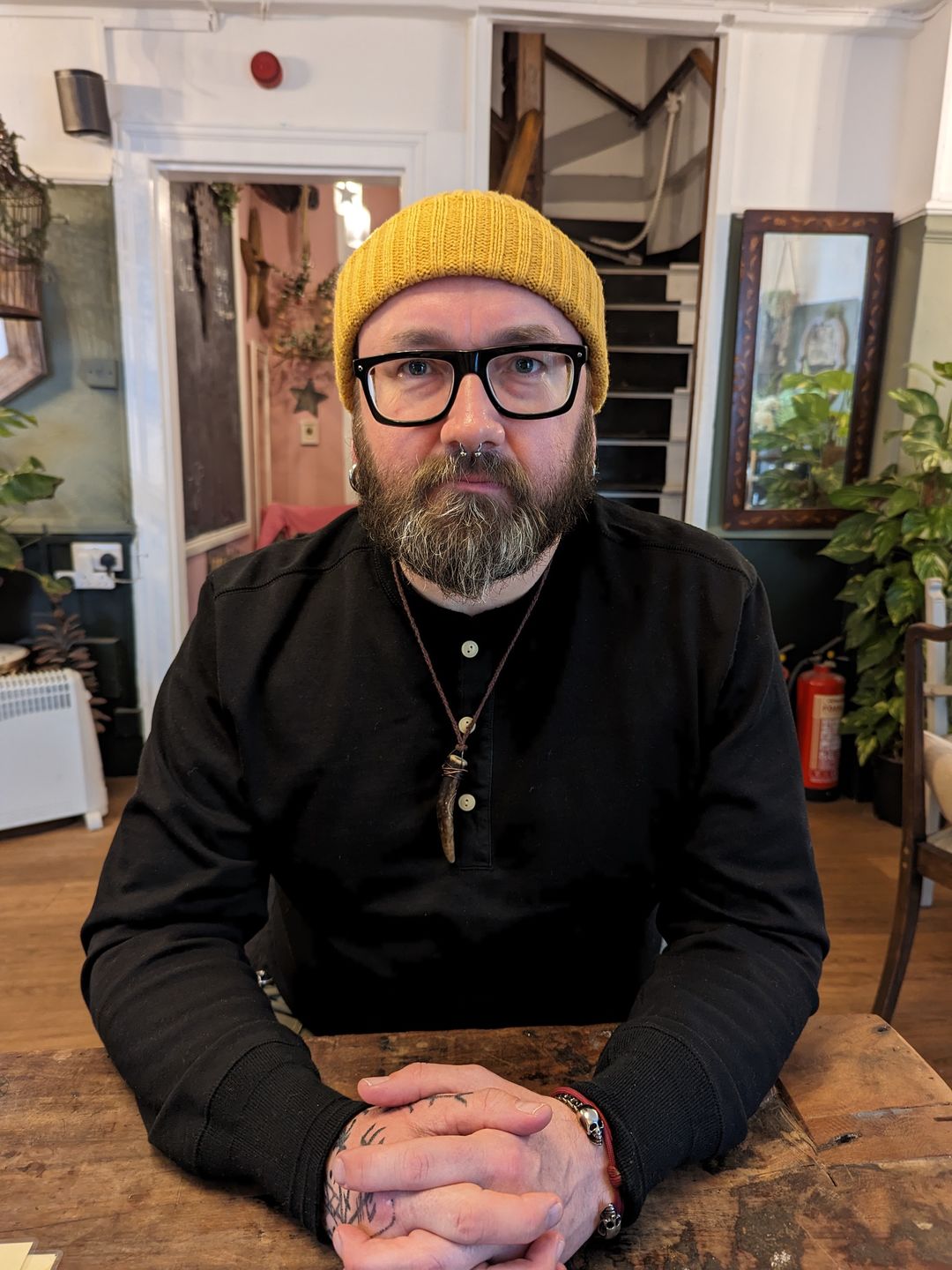 Customer photo review of Vintage Long Sleeve Henley Shirt - Black