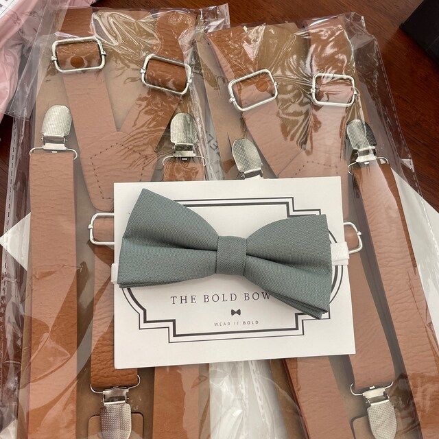Customer photo review of Dusty Sage Bow Tie & Tan Vegan Leather Suspenders Set