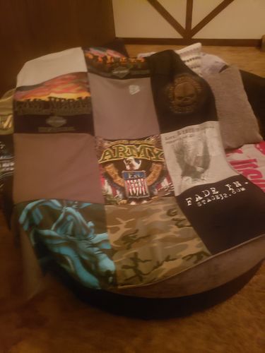 T-shirt quilt with military, motorcycles themes by Eva from AL