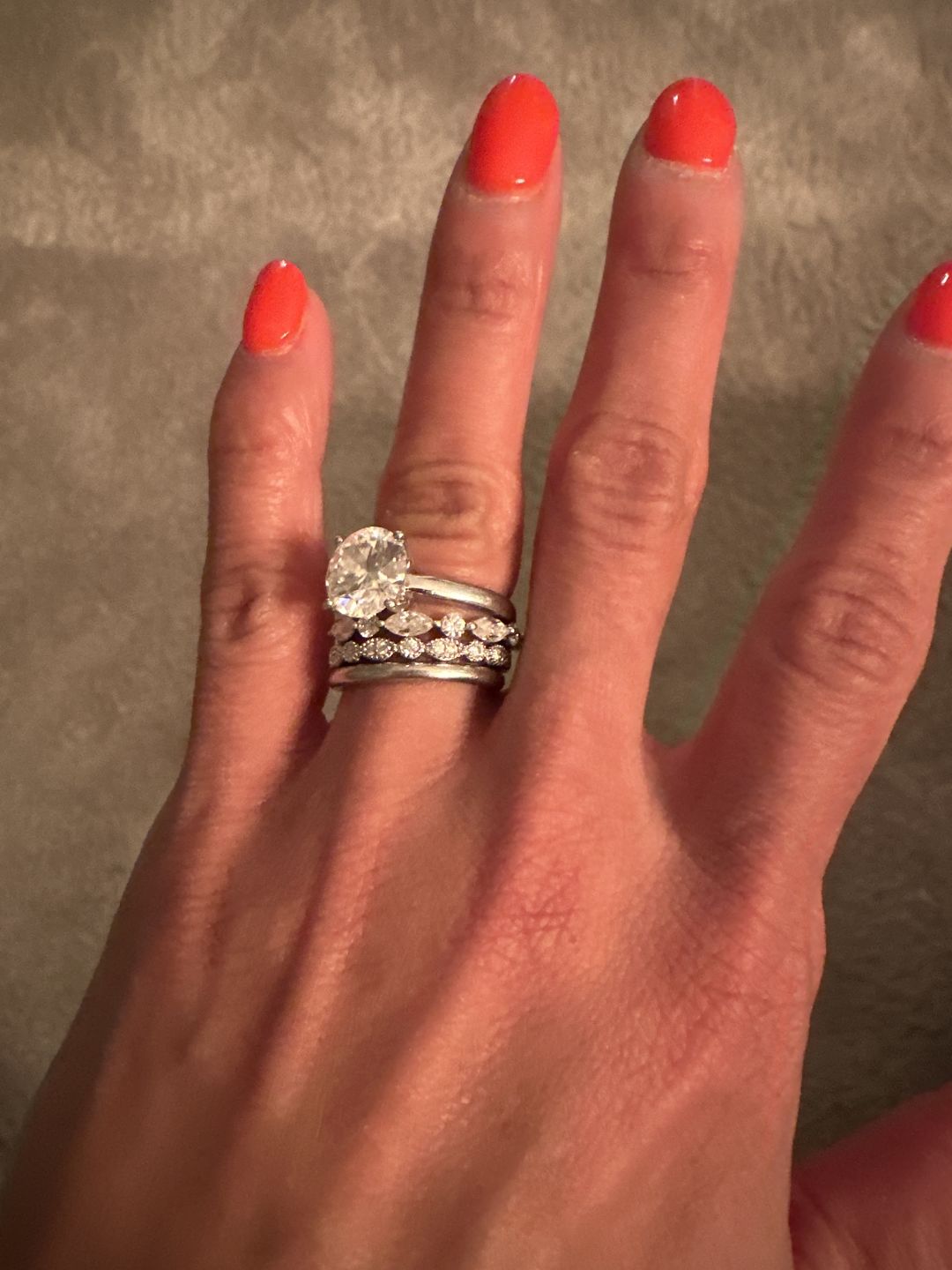Customer photo review of Milgrain Marquise and Dot Moissanite Half Eternity Wedding Band Ring In Sterling Silver