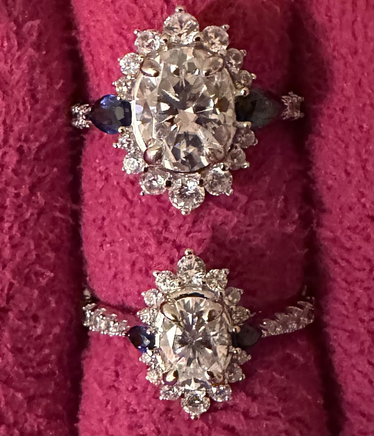 Customer photo review of Halo Oval Moissanite Pear Sapphire Sidestone Pave Engagement Ring