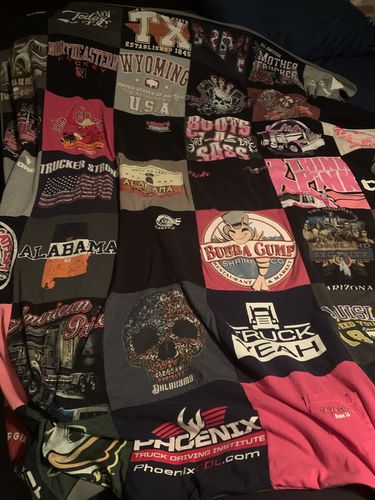 T-shirt quilt with trucking, travel themes by Vicki from AZ
