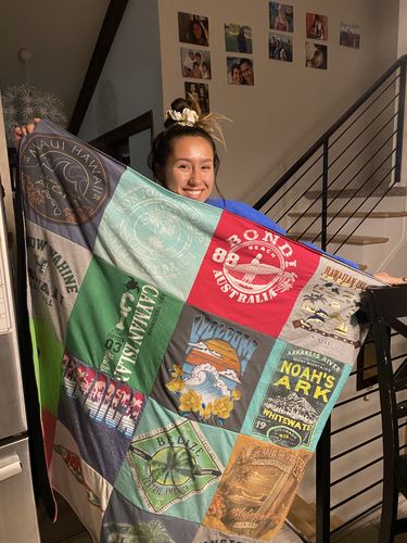 T-shirt quilt with travel, outdoor activities themes by Scott from CO