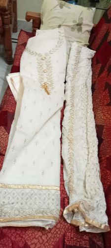 Customer photo review of Cream Embroidered Chanderi Dress Material