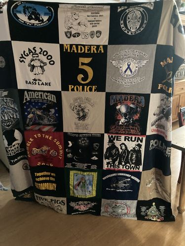 T-shirt quilt with community service, law enforcement themes by Andrea from CA