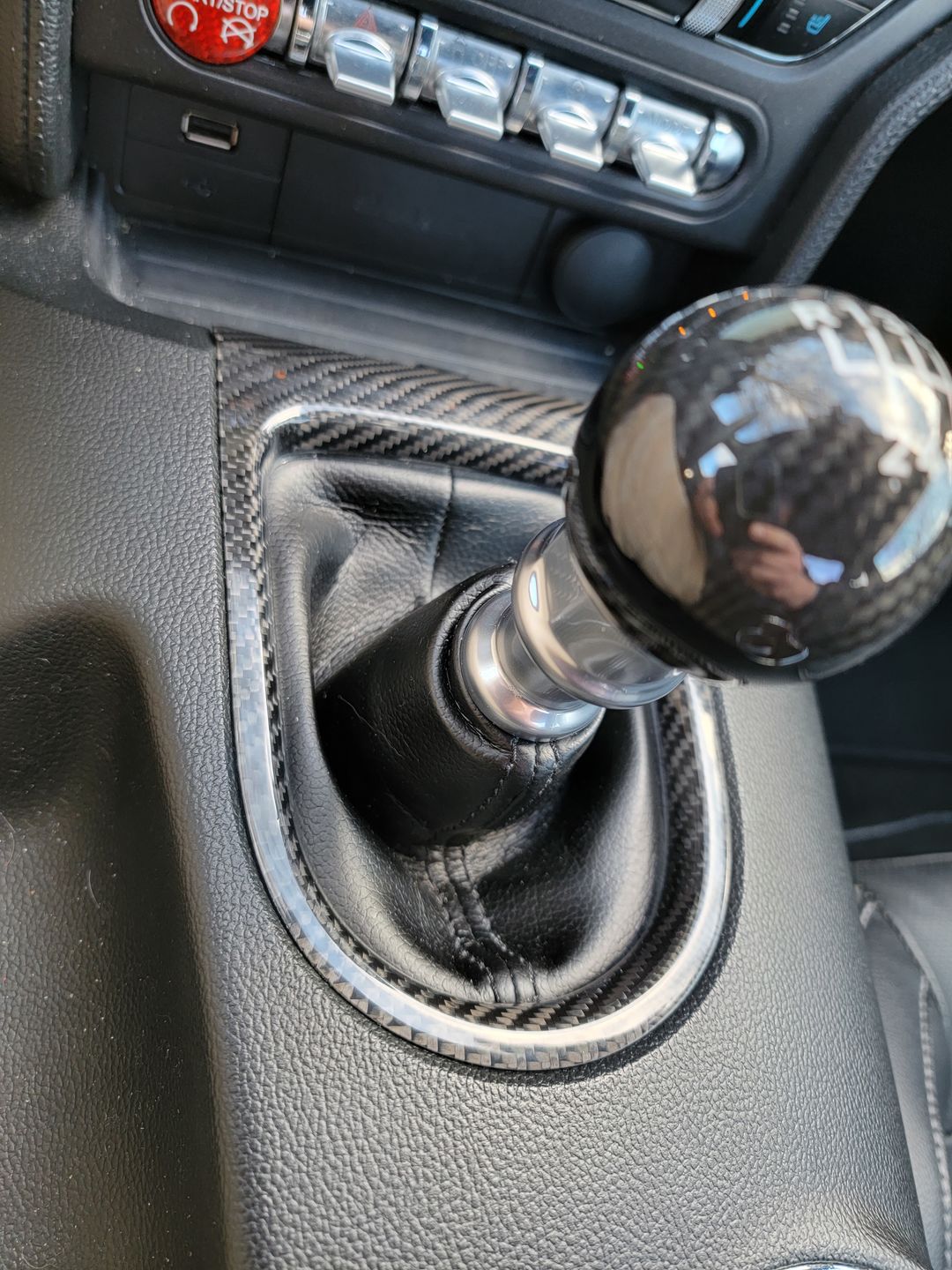 Customer photo review of Carbon Fiber Shift Bezel Cover For Ford Mustang 2015-2023