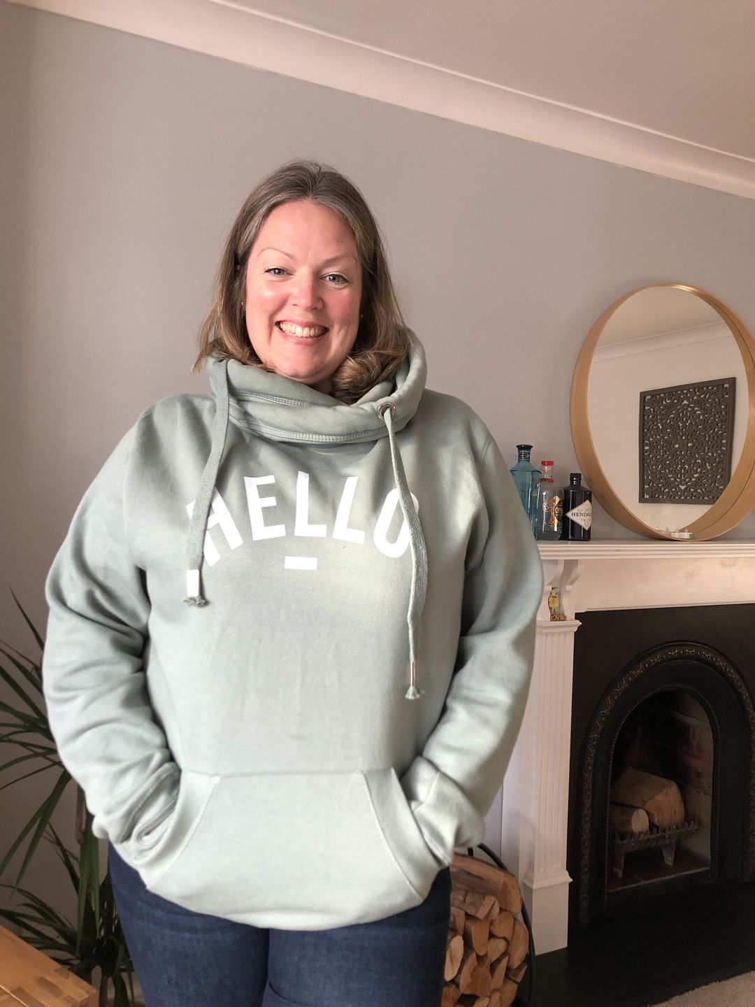 Customer photo review of Sage Hello Cowl Neck Hoodie