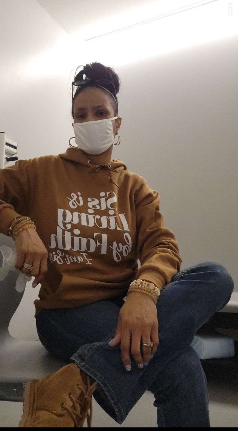 Customer photo review of Sis Is Living By Faith Hoodie - Golden Brown/White