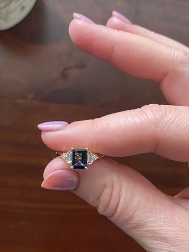 Customer photo review of Bluebird London Blue Topaz & 0.26ct TW Diamond Ring in 9ct Yellow Gold