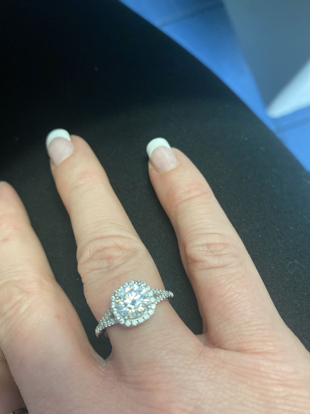 Customer photo review of Moissanite Split Shank Square Halo Pave Sterling Silver Wedding Ring