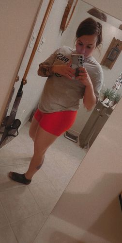 Customer photo review of Salty Savage Ladies Mid Rise OG Smile "Happy Thoughts" Training Shorts | Wet Suit Performance | Blood Red