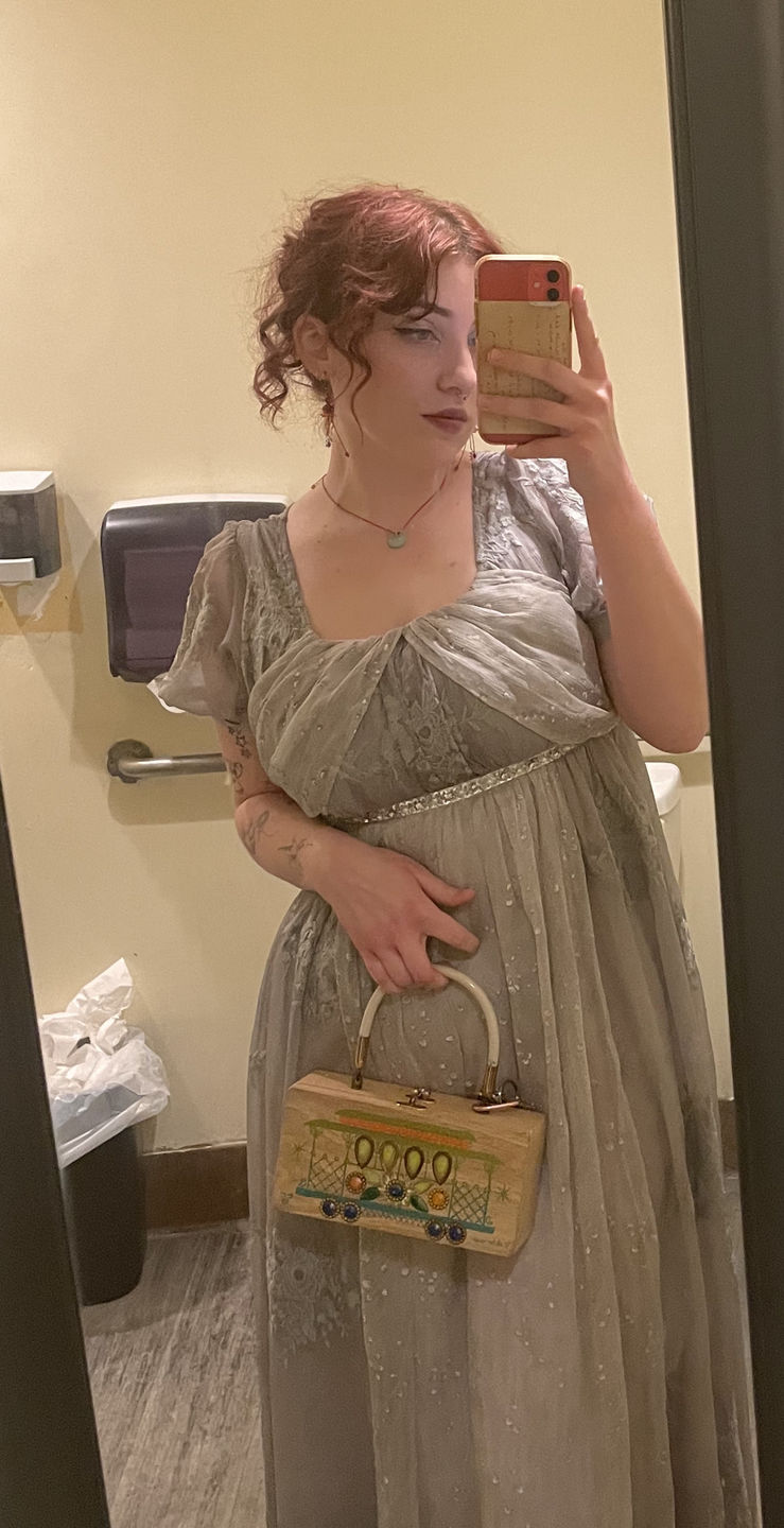 Customer photo review of Bridgerton Empire Waist grey ball gown, Regency Era dress with Lace Embroidery,  Jane Austin plus size
