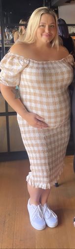 Customer photo review of Confetti Shirred Maternity Dress in Vanilla Gingham