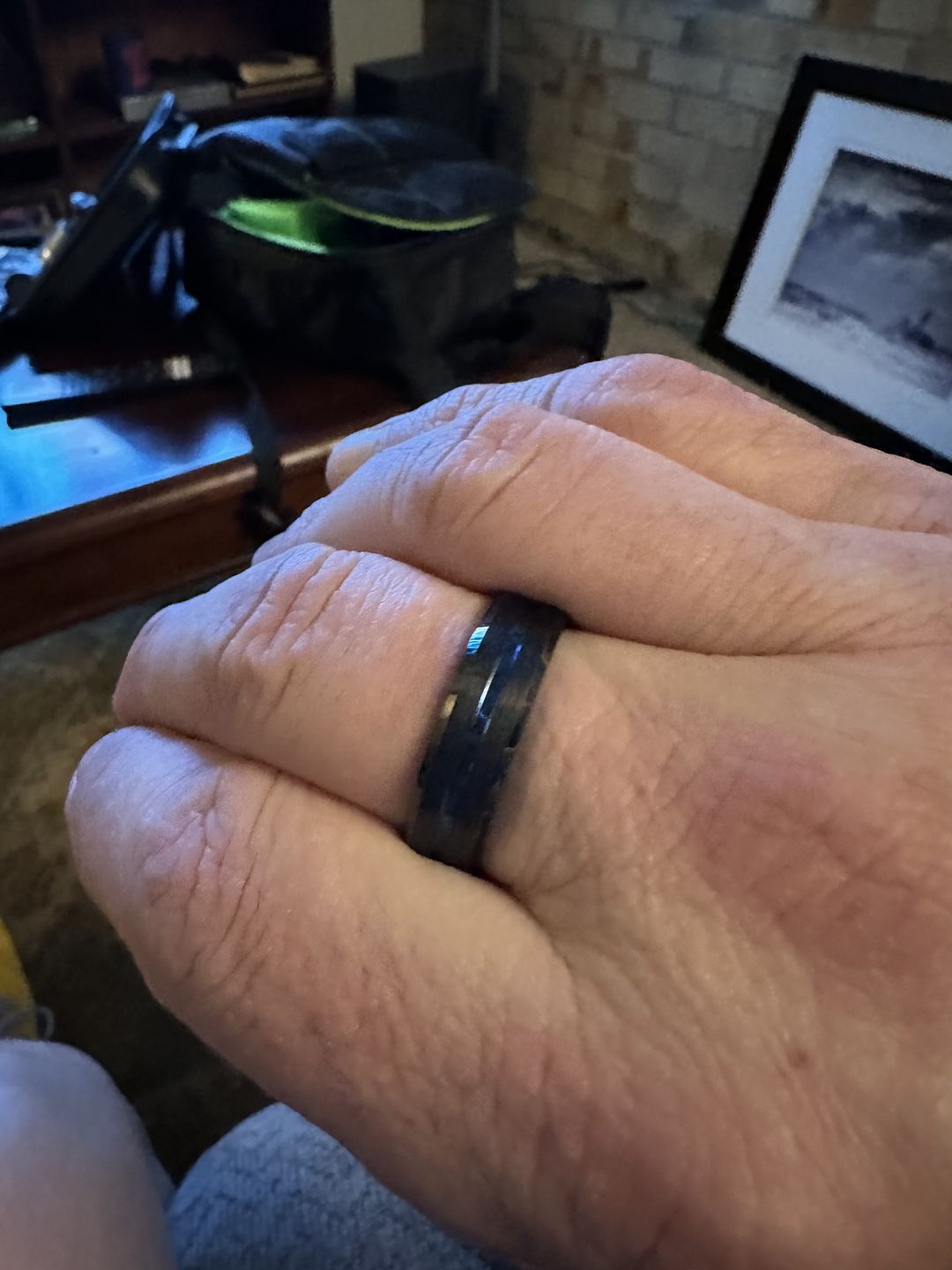 Customer photo review of 8mm - Black Blue Tungsten Carbide Ring - Grooved Beveled Edges - Wedding Band