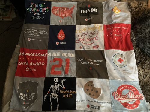 T-shirt quilt with blood donation, community service themes by Krista from NY
