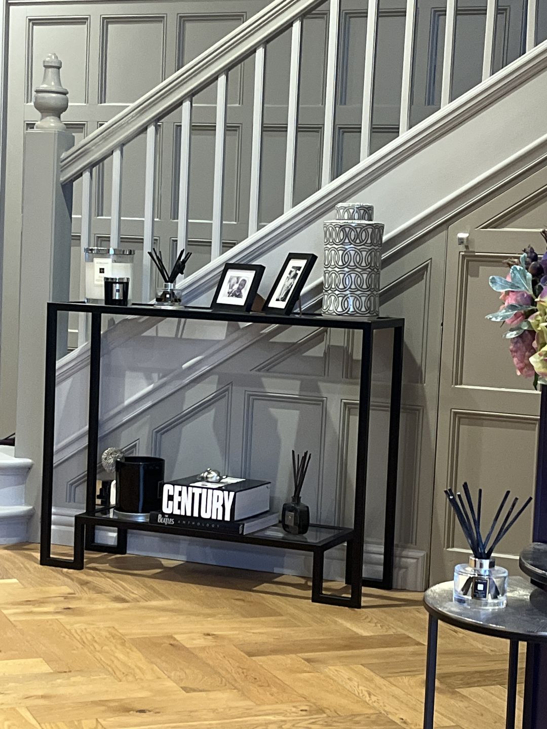 Customer photo review of Glass Metal Console Table Matte Black Frame