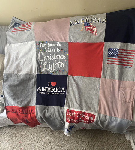 T-shirt quilt with holiday celebrations, patriotism themes by Patricia from GA